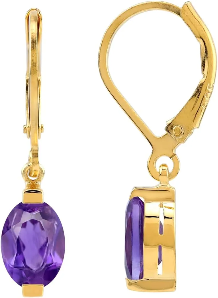 Silvershake 1.44 CTW 7X5mm Petite Oval Shape Genuine African Purple Amethyst 14K Yellow Gold Plated 925 Sterling Silver Leverback Dangle Earrings February Gemstone Birthstone