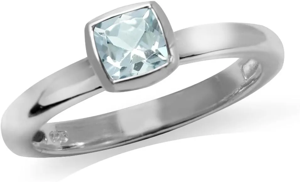 Silvershake 5MM Cushion Shape Birthstone Gemstone White Gold Plated or Yellow Gold Plated 925 Sterling Silver Stackable Bezel Set Solitaire Ring Jewelry for Women
