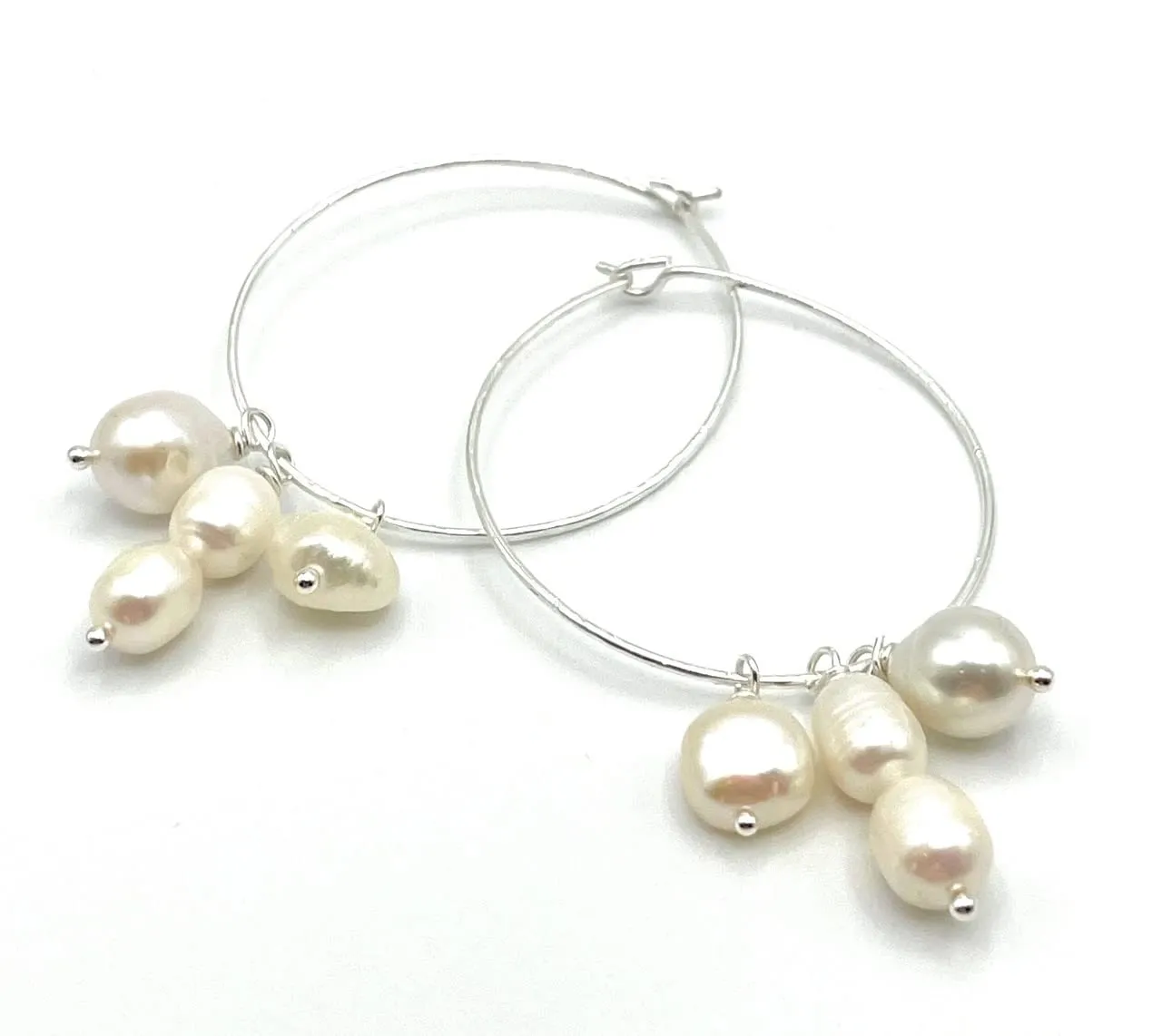 Simple White Pearl Hoops, 925 Sterling Silver Dangle Earrings, Minimalist Jewelry for Women, June Birthstone Gift for Her