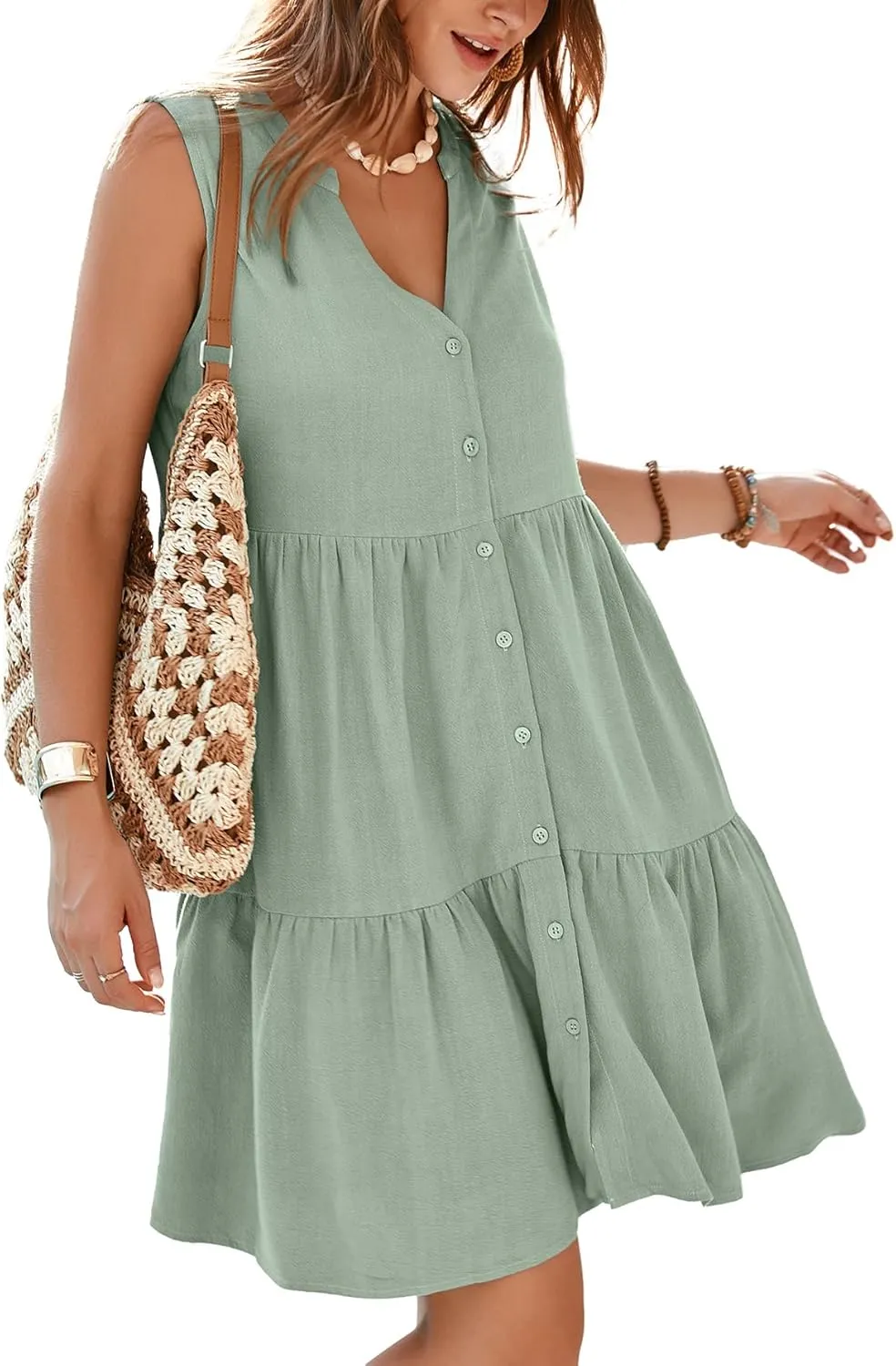 Simplee Womens Sleeveless Linen Summer Dress Casual Button Down Mini Dress Flowy Beach Sundress with Pockets