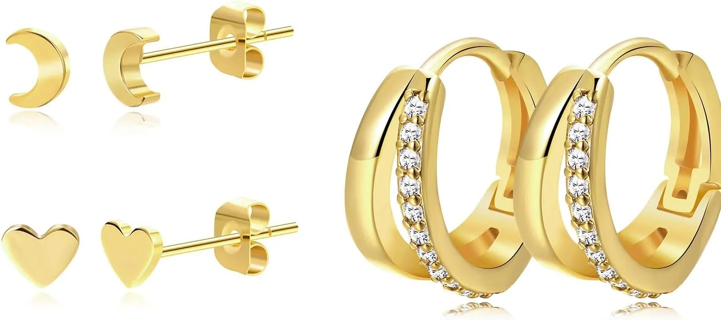 Small Gold Hoop Earrings for Women Dainty Gold Earrings| 14K Gold Plated Hypoallergenic Stud earrings Set| Stacks Earrings for Multiple Piercing for Womenlb17