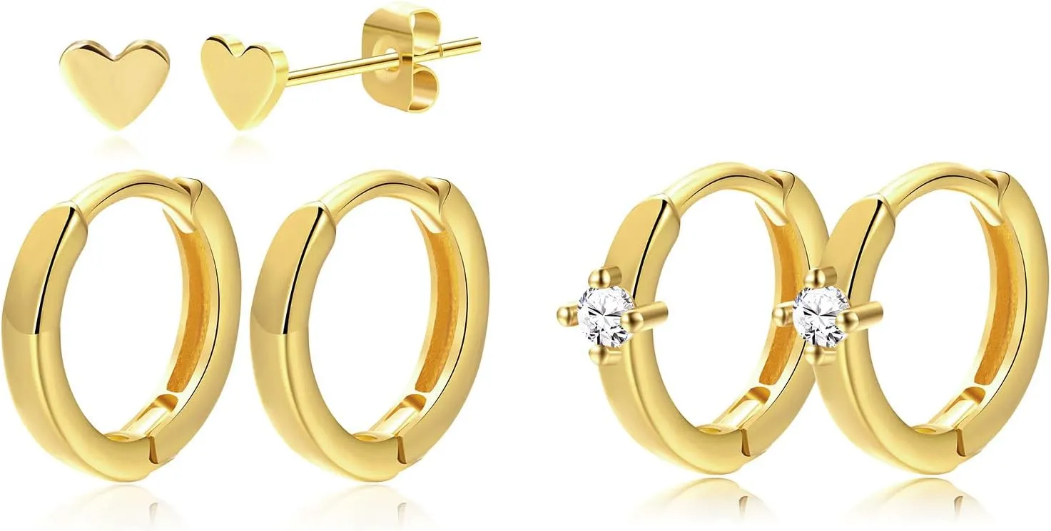 Small Gold Hoop Earrings for Women Dainty Gold Earrings| 14K Gold Plated Hypoallergenic Stud earrings Set| Stacks Earrings for Multiple Piercing for Womenlb19