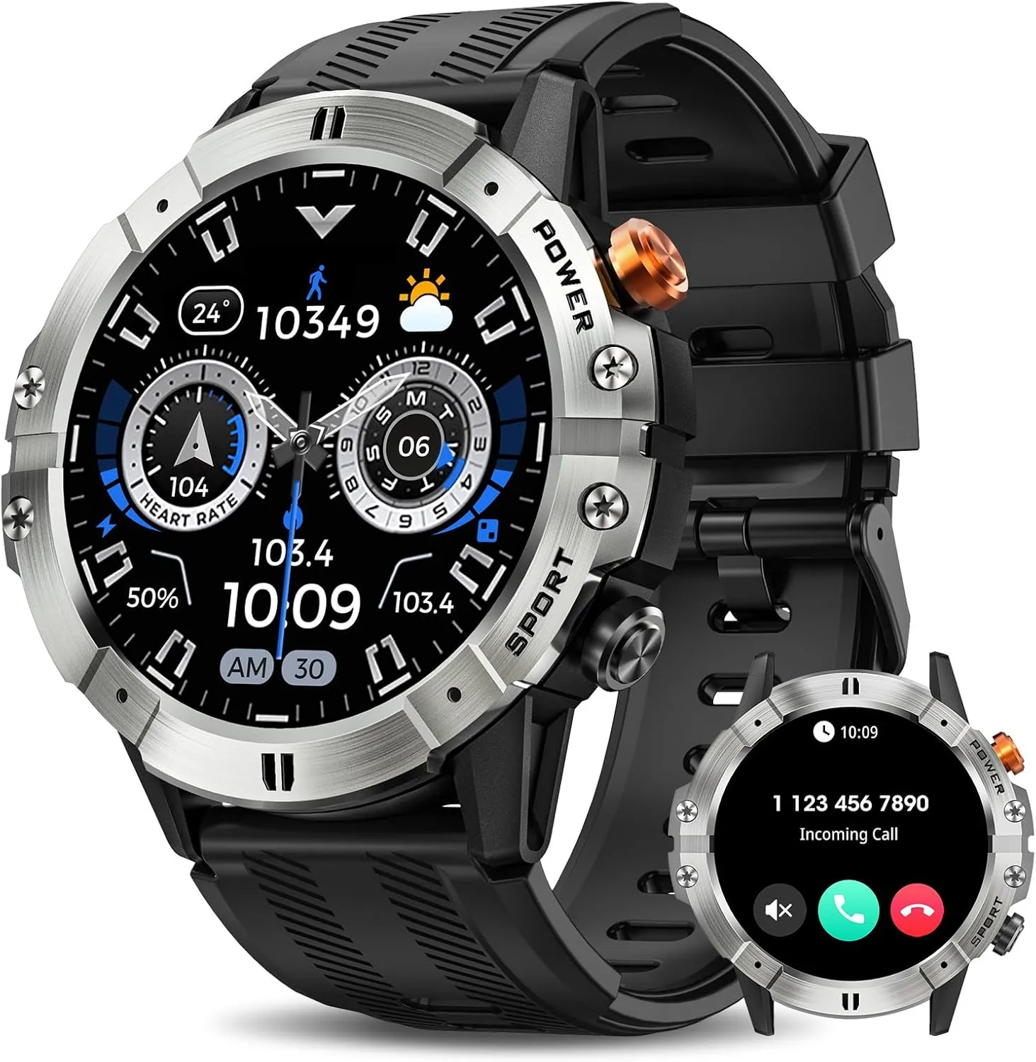 Smart Watches for Men, Bluetooth Call Military Smart Watch, Waterproof Fitness Tracker with Heart Rate/Blood Oxygen/Sleep Monitor/124 Sports Modes, Tactical Watch for Android Phones & iPhone (Silver)
