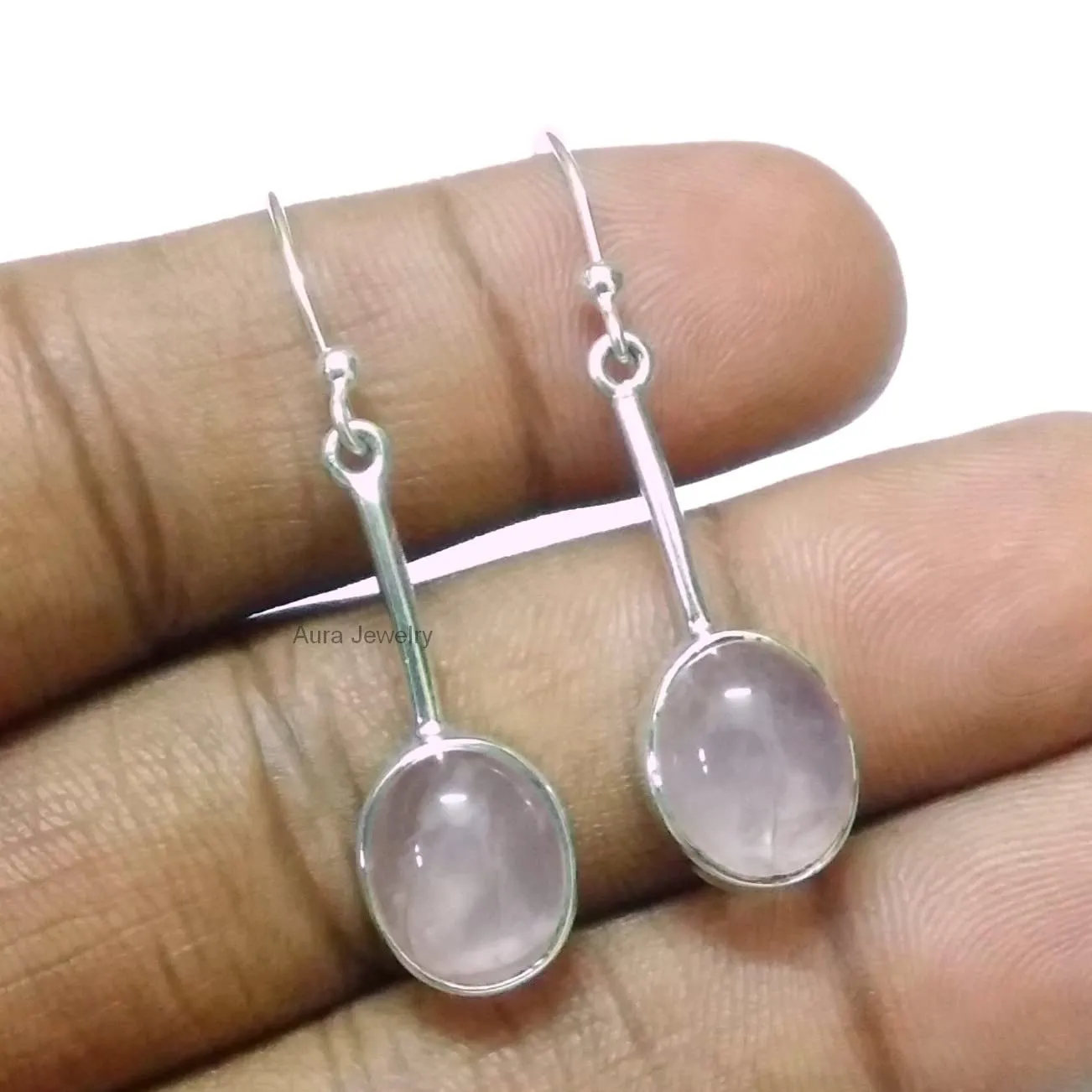 Solid 925 Sterling Silver Earrings For Women, Rose Quartz Earrings, Silver Dangle Earrings, Bezel Set Oval Pink Gemstone Hypoallergenic Minimalist Earrings, Thanksgiving Day Gift