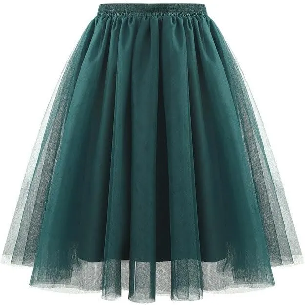 Solid High Waist Elastic Mesh Puffy Skirt for Women Casual A-line Layered Formal Party Ladies Skirt 2025