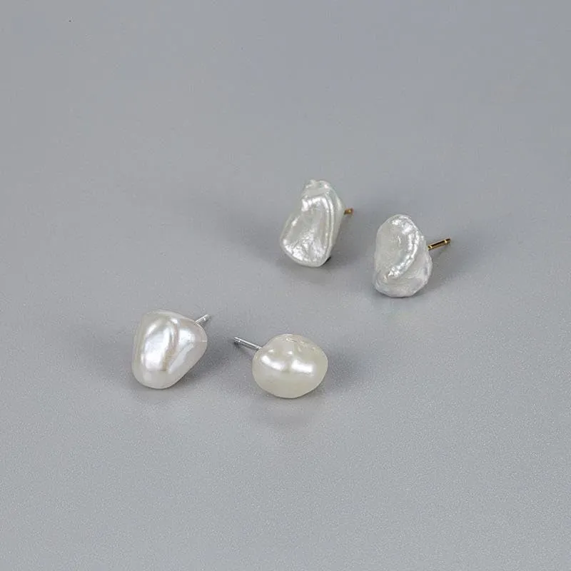 Sterling Silver Natural Freshwater Pearl Baroque Silver Gold Plated Stud Earrings (1pair gold)