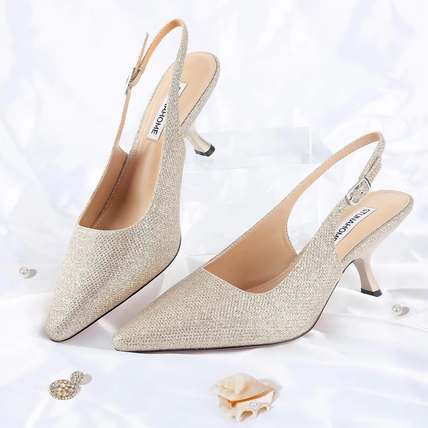 STUNAHOME Slingback Heels for Women Closed Pointed Toe Kitten Pumps Fashion Low Heel Wedding Casual Dress Shoes, Nude