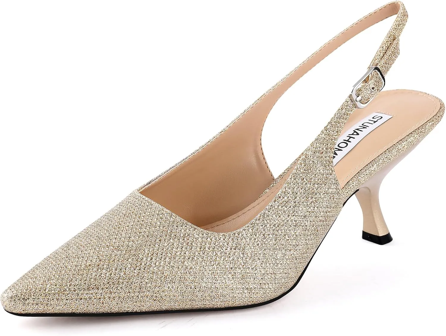 STUNAHOME Slingback Heels for Women Closed Pointed Toe Kitten Pumps Fashion Low Heel Wedding Casual Dress Shoes, Nude