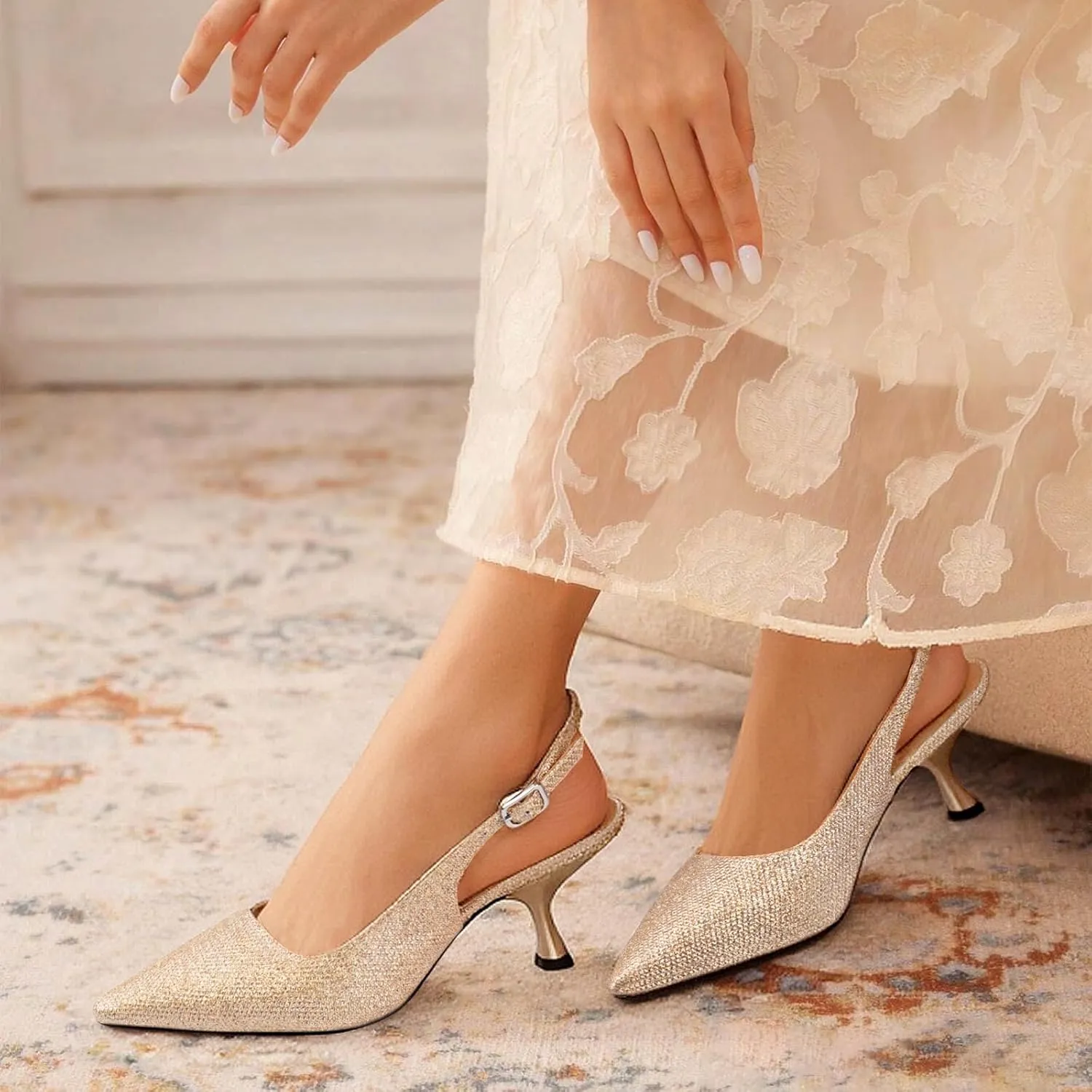 STUNAHOME Slingback Heels for Women Closed Pointed Toe Kitten Pumps Fashion Low Heel Wedding Casual Dress Shoes, Nude