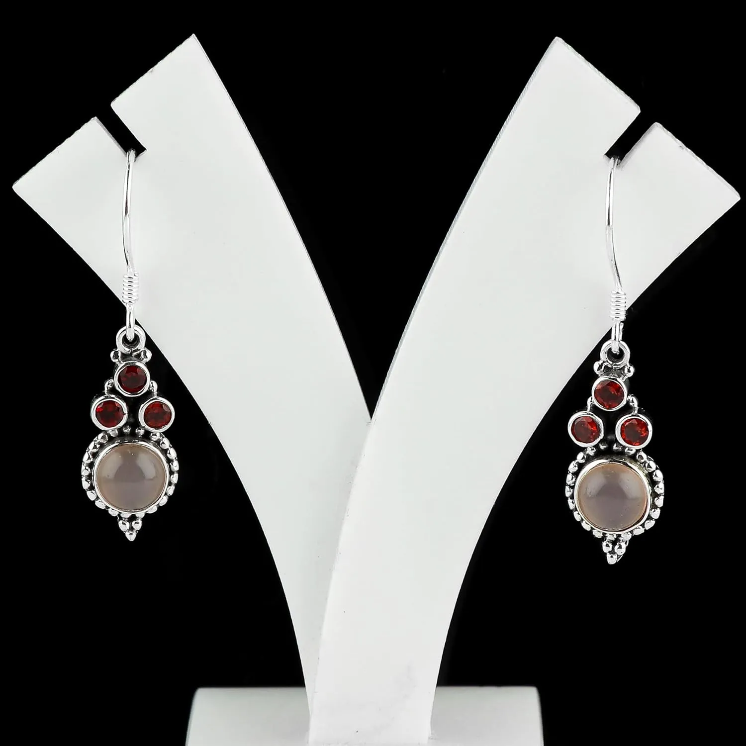 Stylish 925 Sterling Silver Earrings | Garnet & Rose Quartz Stone | Hand Crafted Gemstone Jewelry | Elegant Design | Healing Crystals | Ideal Gift for Women