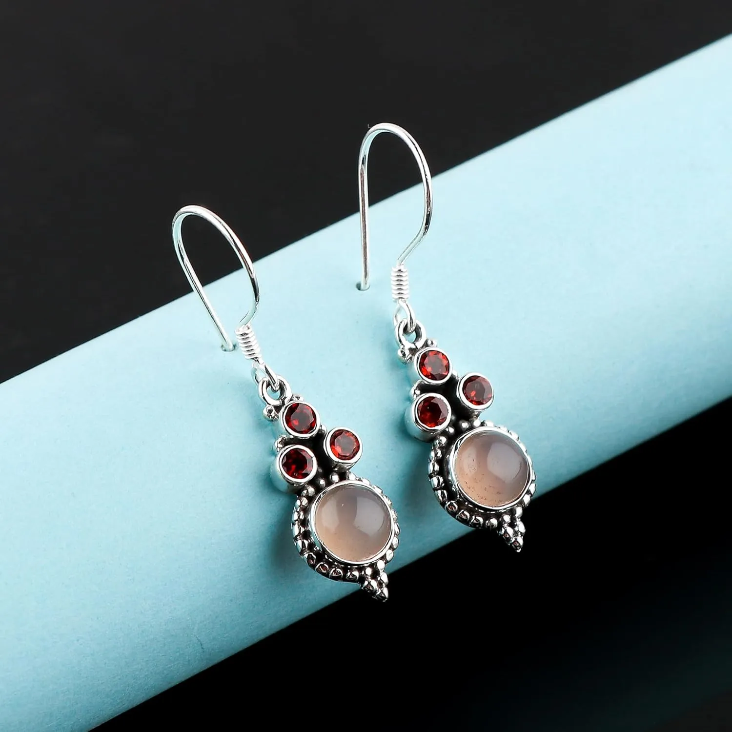 Stylish 925 Sterling Silver Earrings | Garnet & Rose Quartz Stone | Hand Crafted Gemstone Jewelry | Elegant Design | Healing Crystals | Ideal Gift for Women