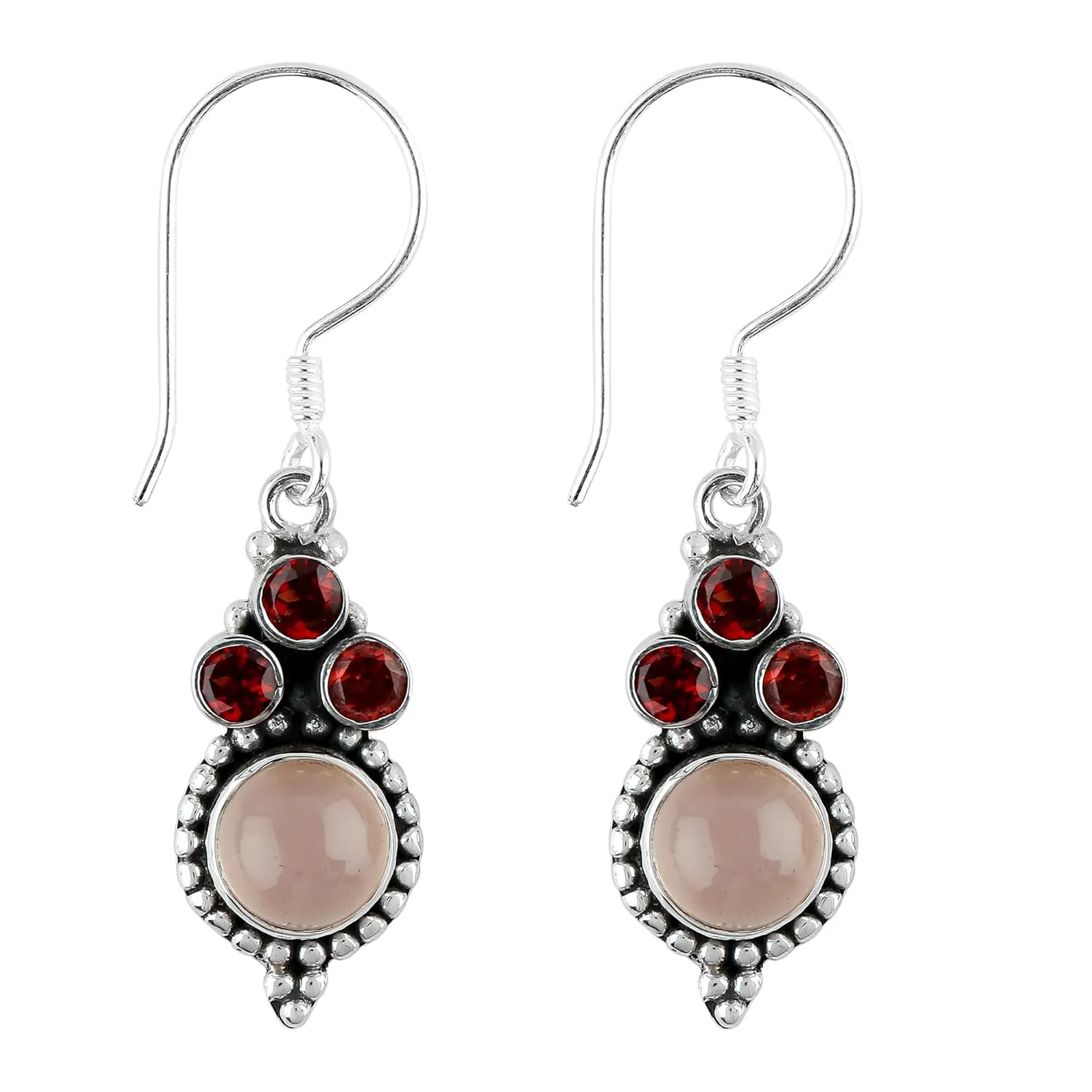 Stylish 925 Sterling Silver Earrings | Garnet & Rose Quartz Stone | Hand Crafted Gemstone Jewelry | Elegant Design | Healing Crystals | Ideal Gift for Women
