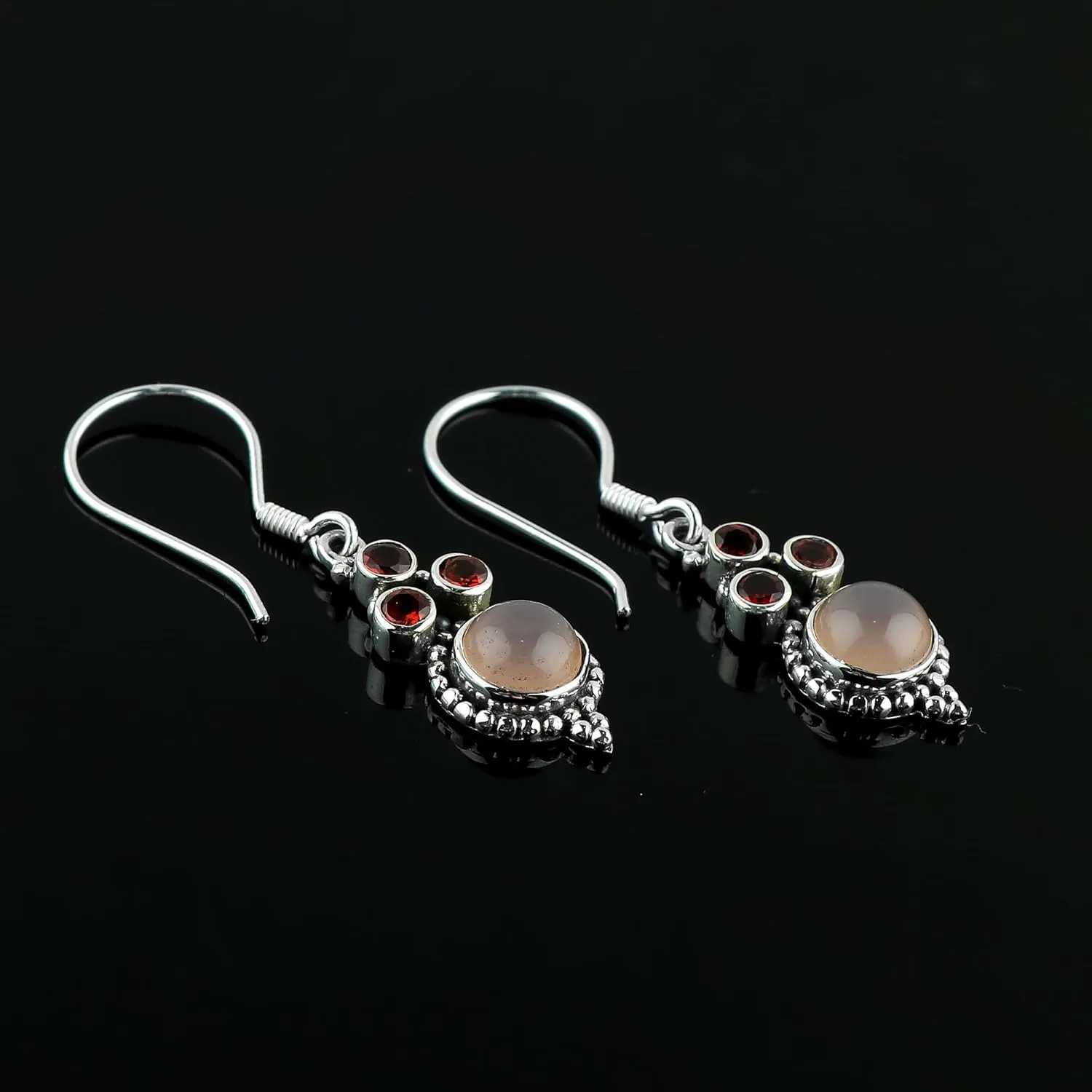 Stylish 925 Sterling Silver Earrings | Garnet & Rose Quartz Stone | Hand Crafted Gemstone Jewelry | Elegant Design | Healing Crystals | Ideal Gift for Women