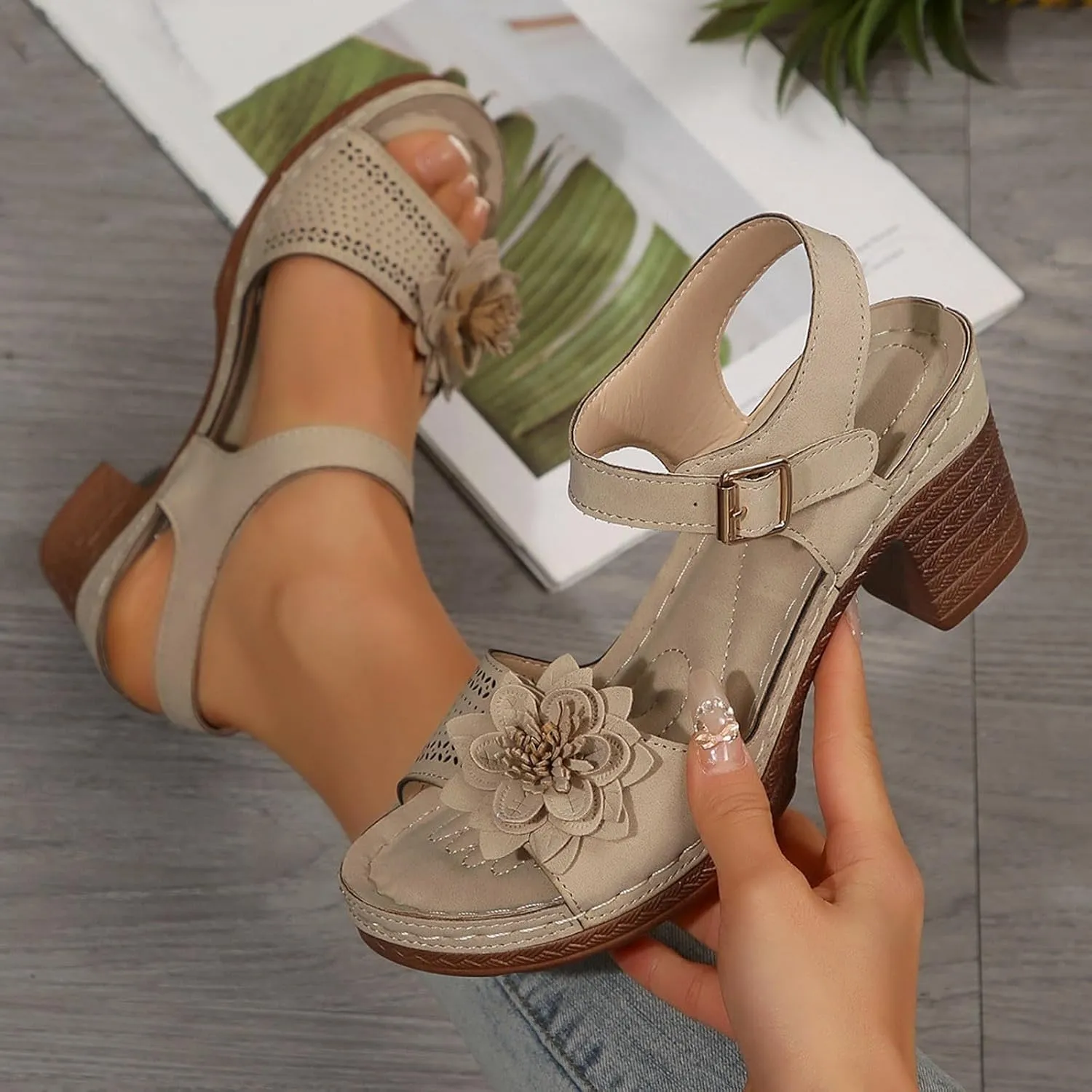 Summer Sandals for Women Dressy Casual Beach Sandals Solid Flowers Buckle Strap Chunky Low Heel Sandal Comfortable Walking Wedges with Adjustable Hook Loop Ladies Casual Platform Shoes