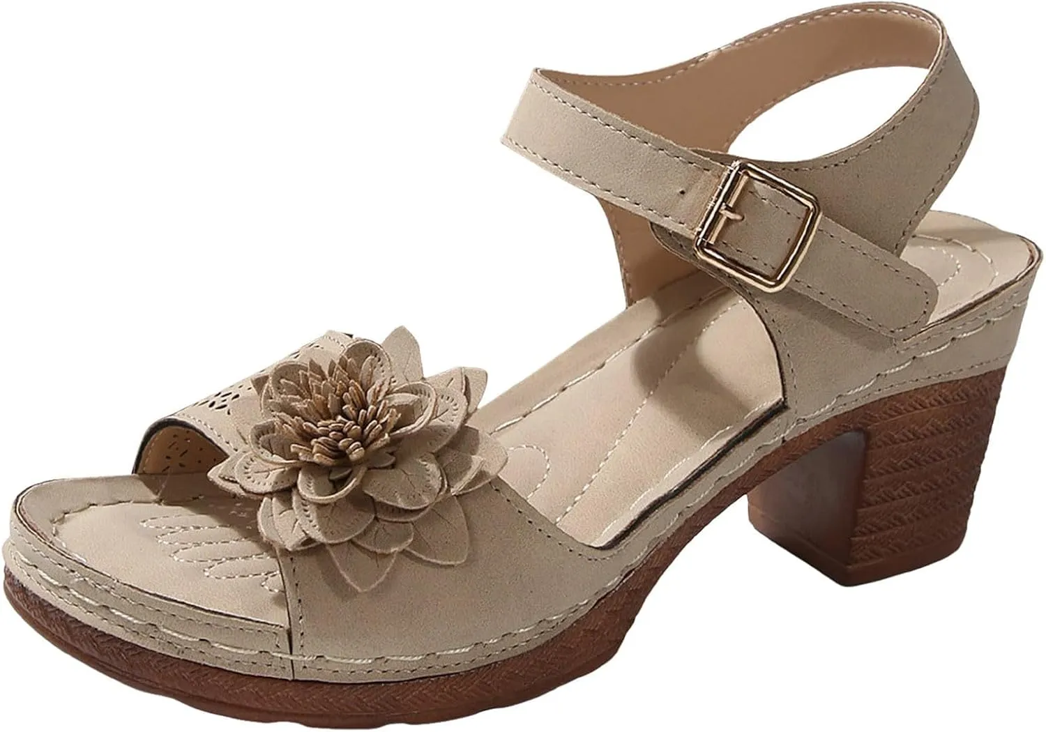 Summer Sandals for Women Dressy Casual Beach Sandals Solid Flowers Buckle Strap Chunky Low Heel Sandal Comfortable Walking Wedges with Adjustable Hook Loop Ladies Casual Platform Shoes