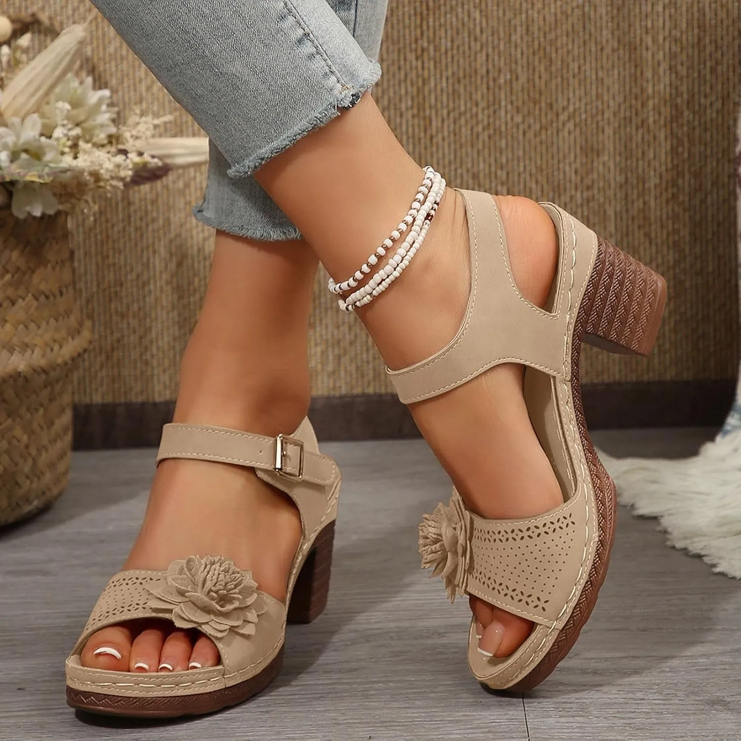 Summer Sandals for Women Dressy Casual Beach Sandals Solid Flowers Buckle Strap Chunky Low Heel Sandal Comfortable Walking Wedges with Adjustable Hook Loop Ladies Casual Platform Shoes