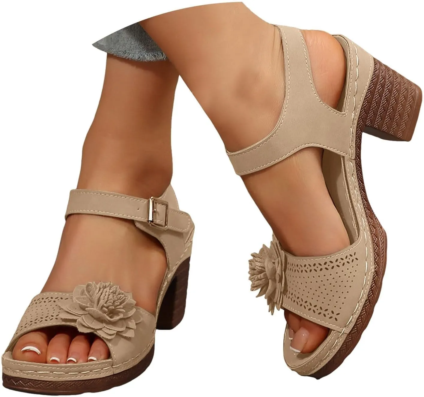 Summer Sandals for Women Dressy Casual Beach Sandals Solid Flowers Buckle Strap Chunky Low Heel Sandal Comfortable Walking Wedges with Adjustable Hook Loop Ladies Casual Platform Shoes