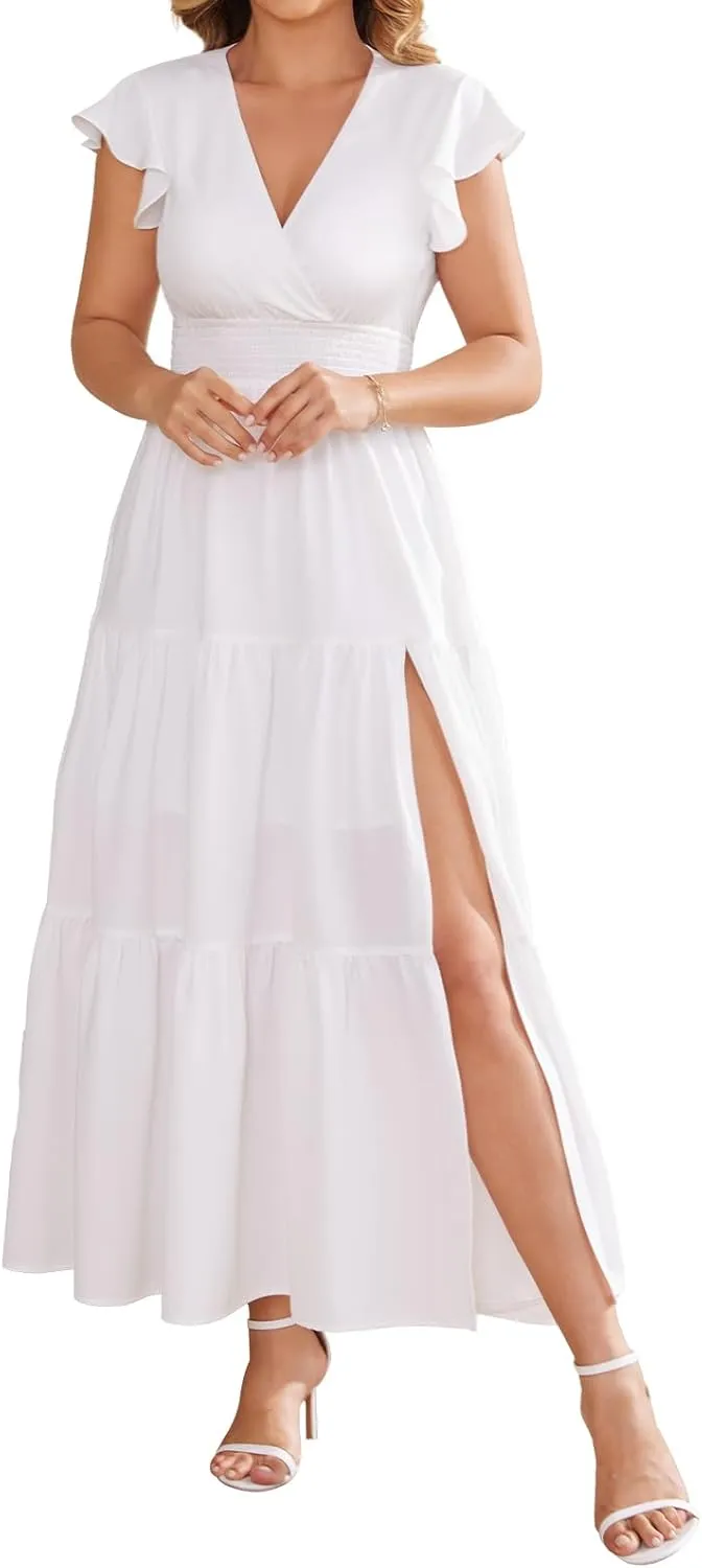 Summer Split Tiered Dress - A-Line Flowy Tiered Maxi Dress : 2025 Causal Wrap V Neck Beach Sundress