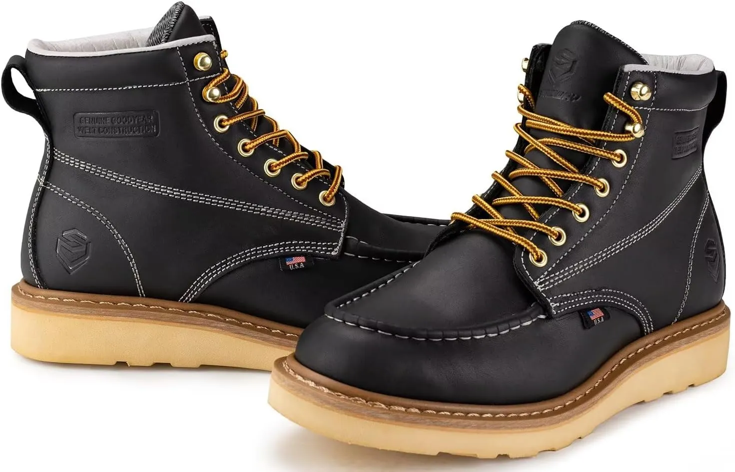 SUREWAY 6 Wedge Moc Toe Work Boots for Men - Soft Toe,Premium Full-Grain Leather,Lightweight Work Boots/Shoes,Comfort Insole,Oil/Slip Resistant,Real Goodyear,EH Rated Industrial Construction Boots
