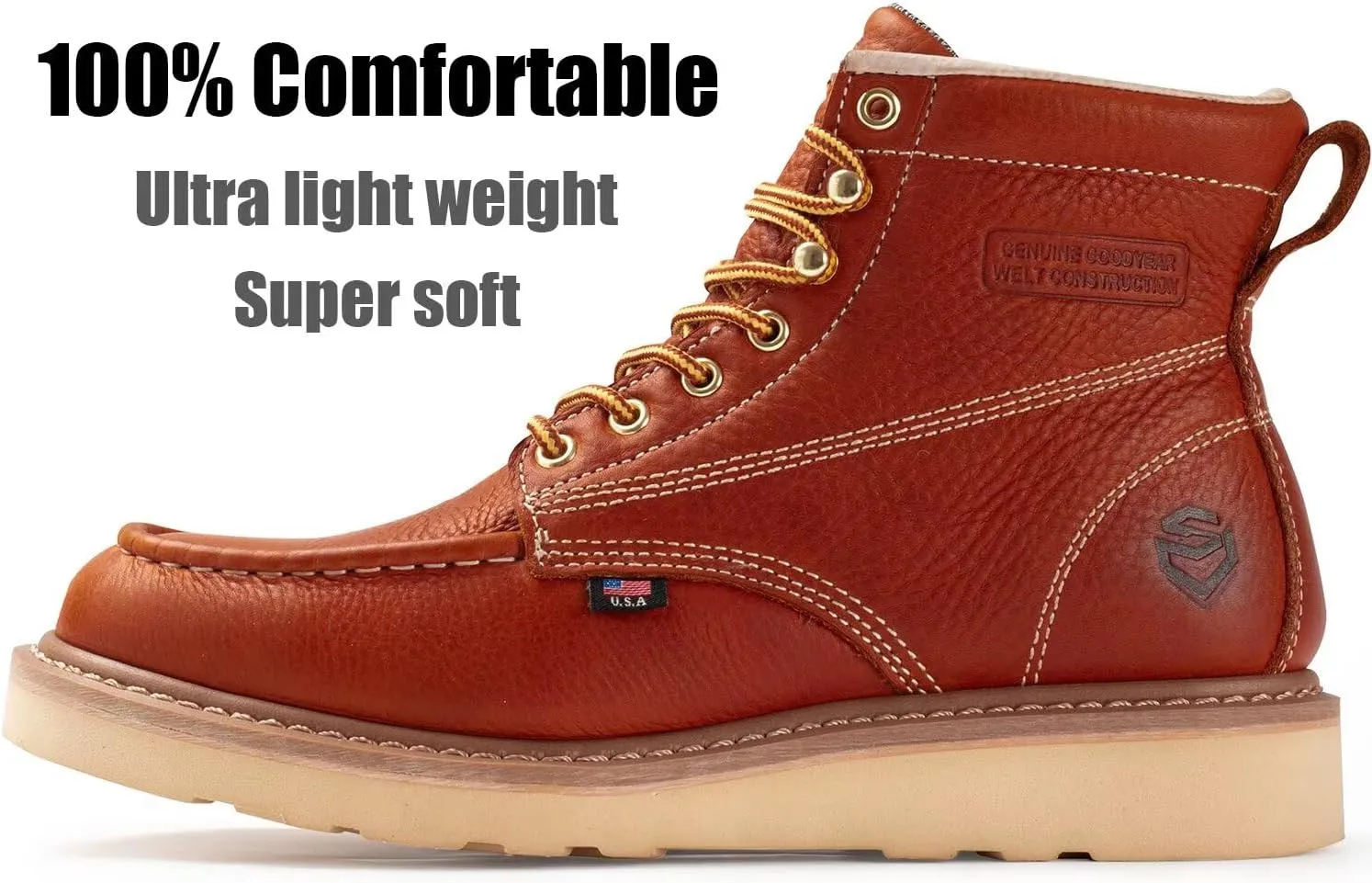 SUREWAY 6 Wedge Moc Toe Work Boots for Men - Soft Toe,Premium Full-Grain Leather,Lightweight Work Boots/Shoes,Comfort Insole,Oil/Slip Resistant,Real Goodyear,EH Rated Industrial Construction Boots