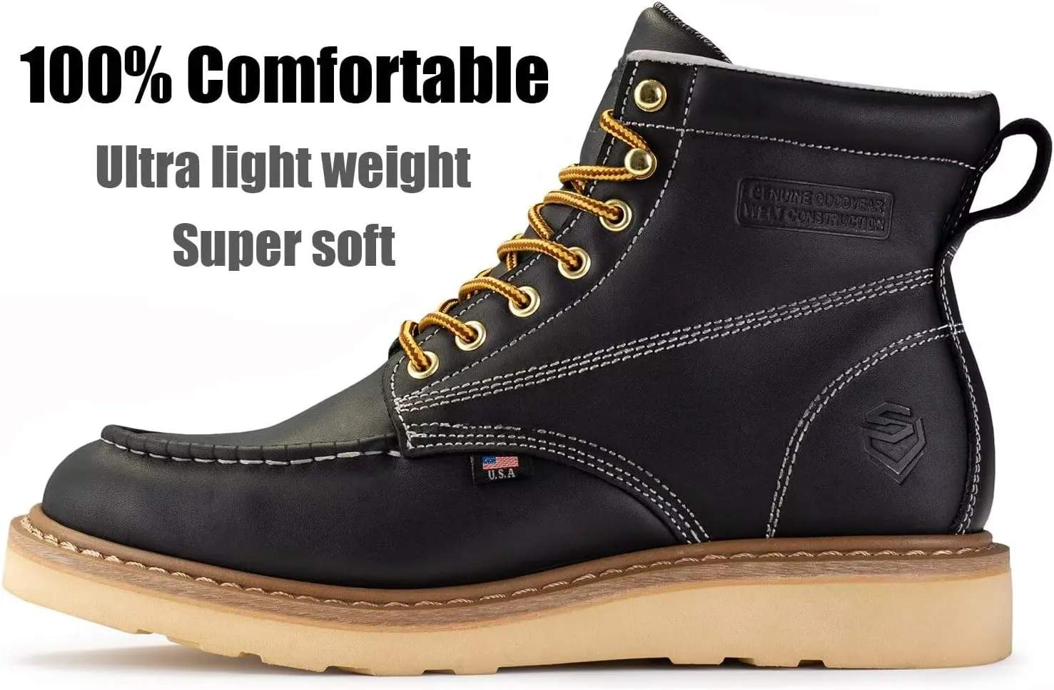 SUREWAY 6 Wedge Moc Toe Work Boots for Men - Soft Toe,Premium Full-Grain Leather,Lightweight Work Boots/Shoes,Comfort Insole,Oil/Slip Resistant,Real Goodyear,EH Rated Industrial Construction Boots