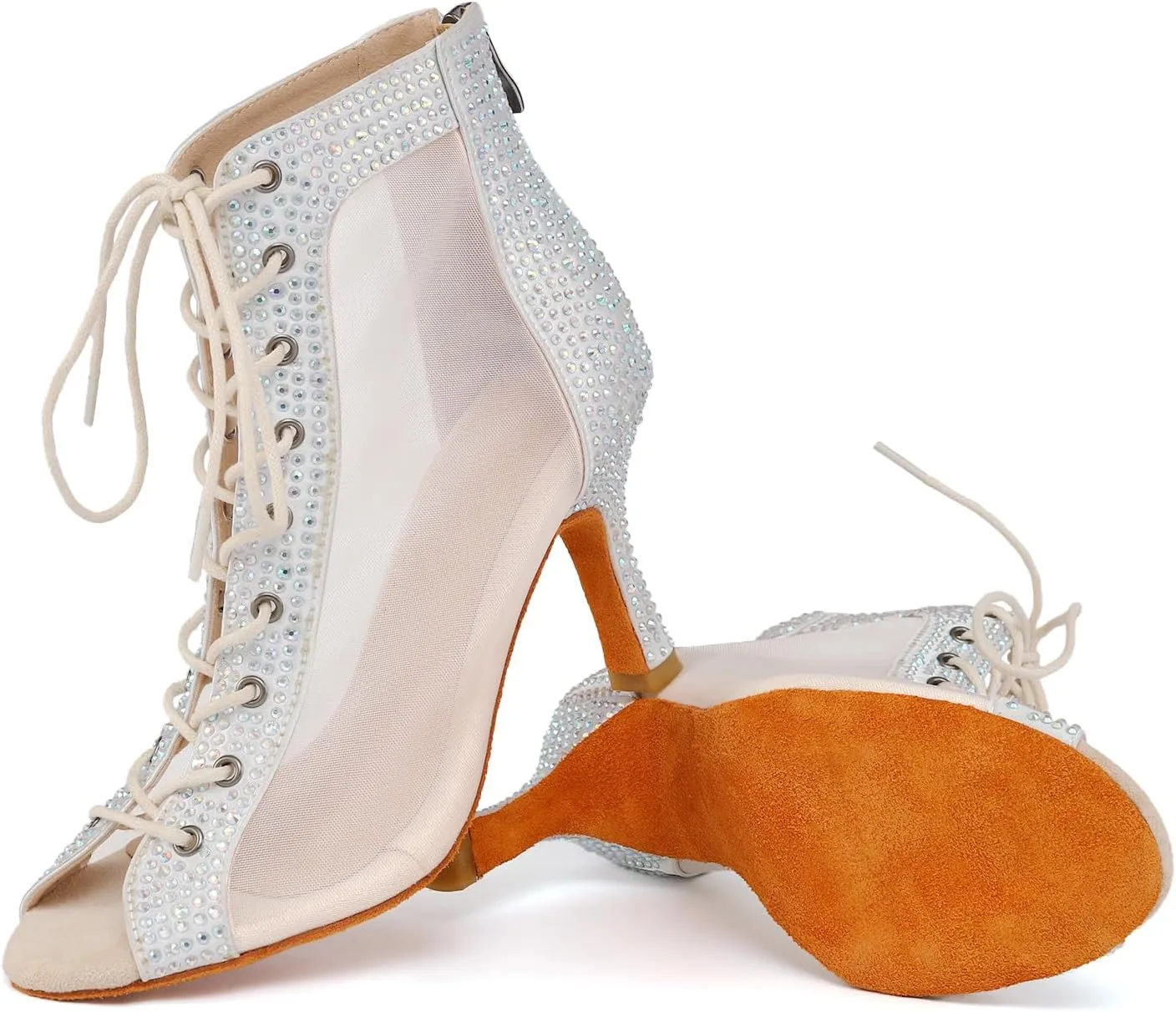 SWDZM Womens Rhinestones Ballroom Dance Boots Open Toe Ankle Latin Salsa Professional Dancing Shoes