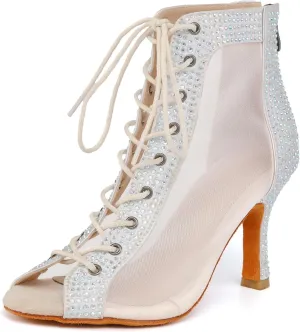 SWDZM Womens Rhinestones Ballroom Dance Boots Open Toe Ankle Latin Salsa Professional Dancing Shoes