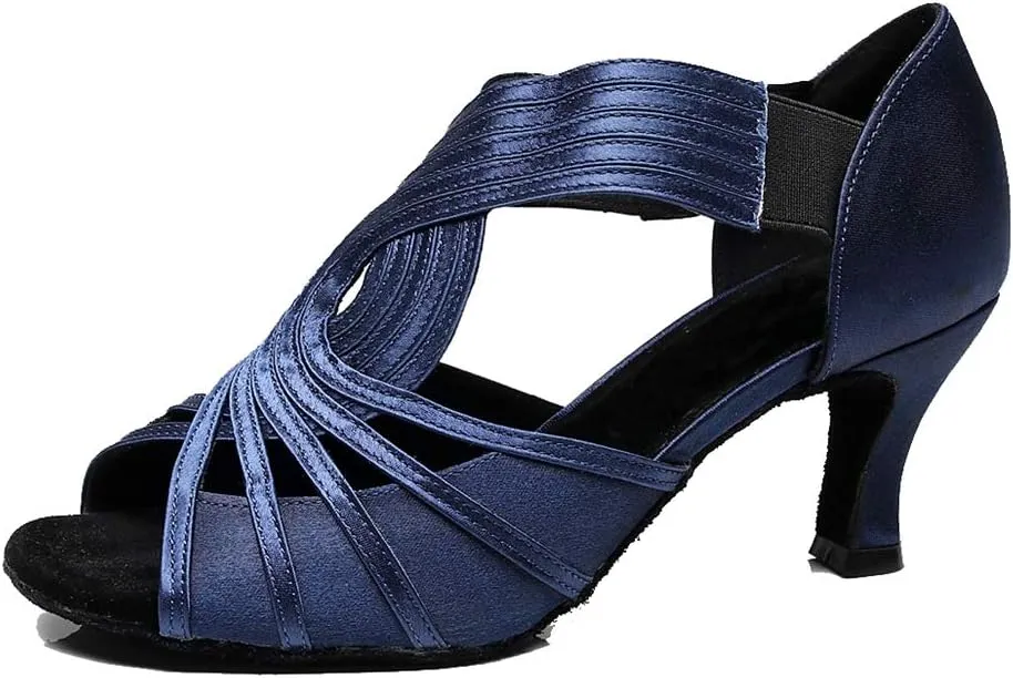 TDA Womens 7133 Flared Heel Dark Blue Satin Latin Modern Salsa Tango Ballroom Wedding Dance Shoes 4 M US