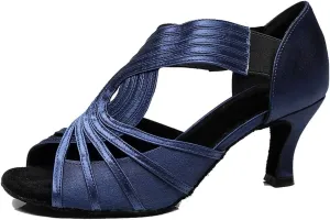 TDA Womens 7133 Flared Heel Dark Blue Satin Latin Modern Salsa Tango Ballroom Wedding Dance Shoes 4 M US