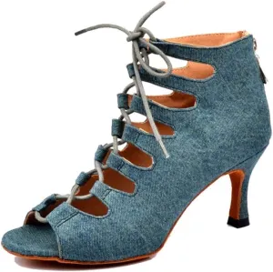 TDA Women's Flared Heel Lace-up & Zipper Denim Fabric Salsa Tango Rumba Samba Latin Modern Dance Bootie
