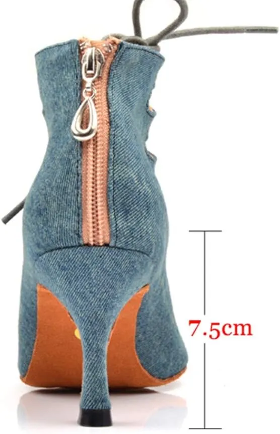 TDA Women's Flared Heel Lace-up & Zipper Denim Fabric Salsa Tango Rumba Samba Latin Modern Dance Bootie
