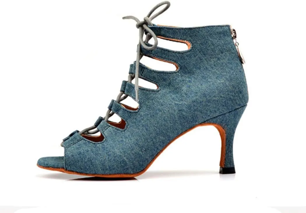 TDA Women's Flared Heel Lace-up & Zipper Denim Fabric Salsa Tango Rumba Samba Latin Modern Dance Bootie