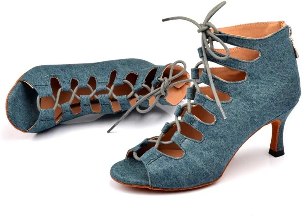 TDA Women's Flared Heel Lace-up & Zipper Denim Fabric Salsa Tango Rumba Samba Latin Modern Dance Bootie