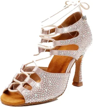 TDA Women's Sexy Lace-up Peep Toe Beige Crystals Satin Salsa Tango Ballroom Latin Dance Shoes 4 M US