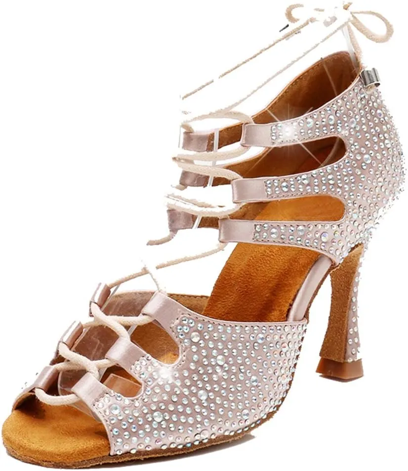 TDA Women's Sexy Lace-up Peep Toe Beige Crystals Satin Salsa Tango Ballroom Latin Dance Shoes 4 M US
