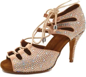 TDA Women's Sexy Lace-up Peep Toe Brown Crystals Satin Salsa Tango Ballroom Latin Dance Shoes 8.5 M US