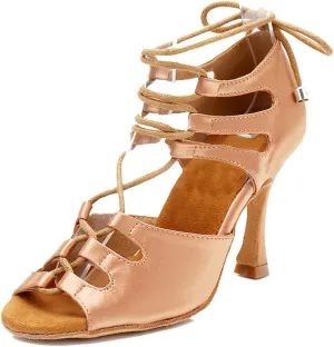 TDA Women's Sexy Lace-up Peep Toe Brown Satin Salsa Tango Ballroom Latin Dance Shoes 5.5 M US