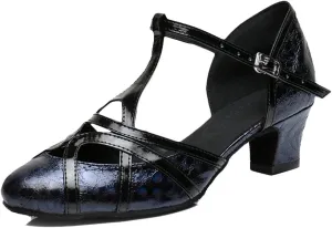 TDA Women's T-Strap Glitter Synthetic Salsa Tango Ballroom Latin Party Dance Shoes 5 5cm Printing Black