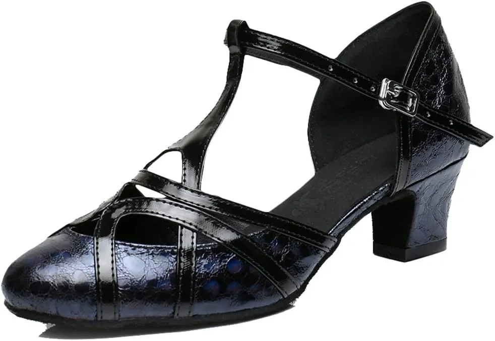 TDA Women's T-Strap Glitter Synthetic Salsa Tango Ballroom Latin Party Dance Shoes 5 5cm Printing Black