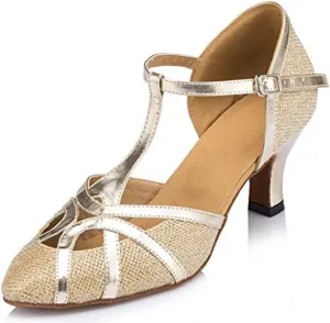 TDA Women's T-Strap Glitter Synthetic Salsa Tango Ballroom Latin Party Dance Shoes 7.5 6cm Gold
