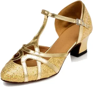 TDA Women's T-Strap Glitter Synthetic Salsa Tango Ballroom Latin Party Dance Shoes 8 Glitter Gold-5cm Heel