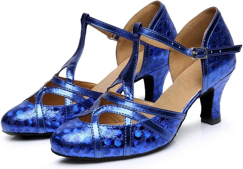 TDA Women's T-Strap Glitter Synthetic Salsa Tango Ballroom Latin Party Dance Shoes