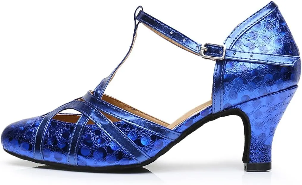 TDA Women's T-Strap Glitter Synthetic Salsa Tango Ballroom Latin Party Dance Shoes