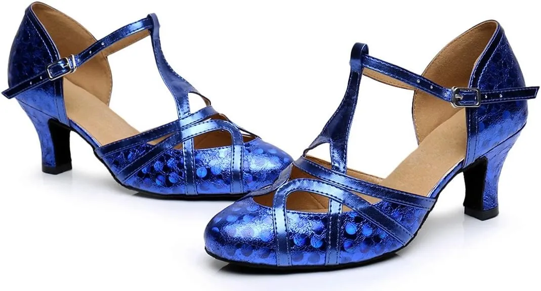 TDA Women's T-Strap Glitter Synthetic Salsa Tango Ballroom Latin Party Dance Shoes
