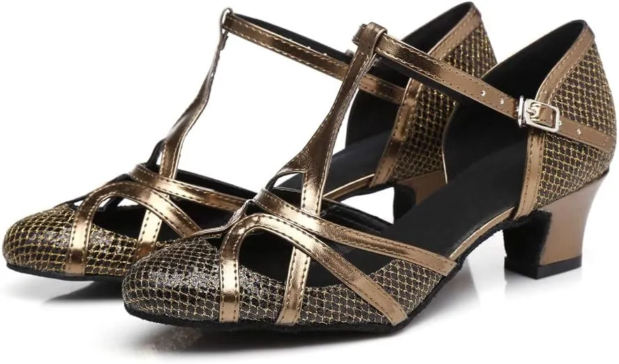 TDA Women's T-Strap Glitter Synthetic Salsa Tango Ballroom Latin Party Dance Shoes