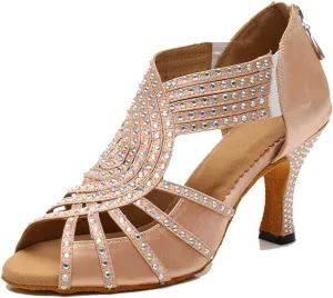 TDA Womens Zipper Flared Heel Beige Satin Crystals Latin Modern Salsa Tango Ballroom Wedding Dance Shoes 6 M US