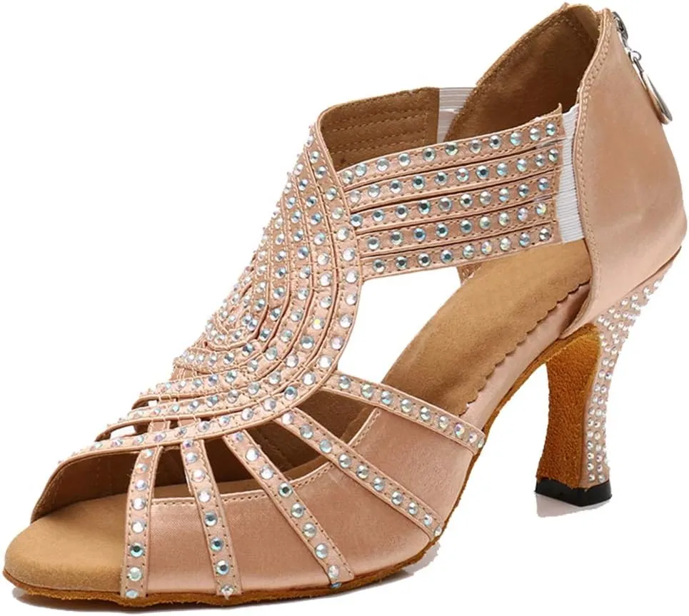 TDA Womens Zipper Flared Heel Beige Satin Crystals Latin Modern Salsa Tango Ballroom Wedding Dance Shoes 6 M US