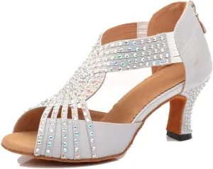 TDA Womens Zipper Flared Heel Silver Satin Crystals Latin Modern Salsa Tango Ballroom Wedding Dance Shoes 6 M US