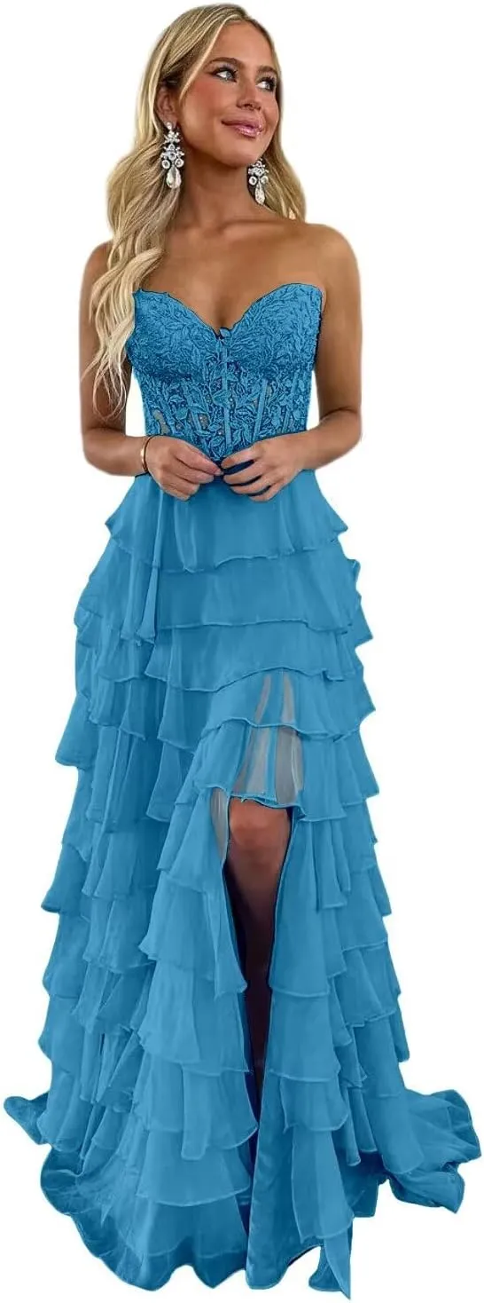 Tiered Chiffon Prom Dress for Teens Sweetheart Prom Dresses for Women Strapless Formal Evening Gowns with Slit