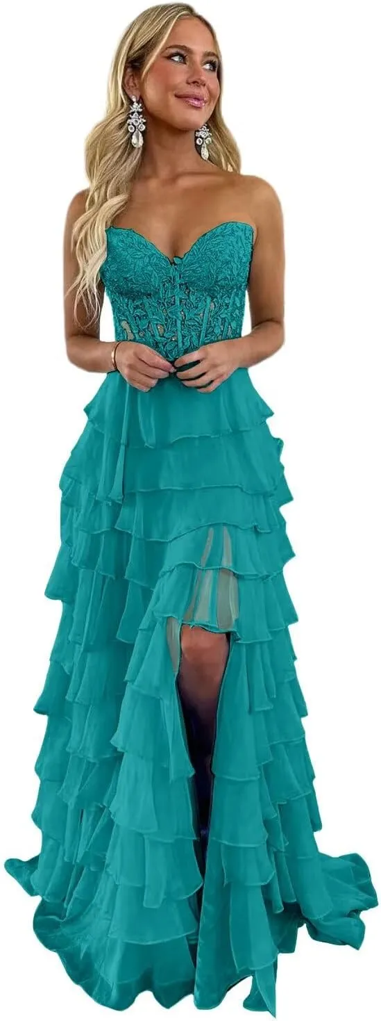 Tiered Chiffon Prom Dress for Teens Sweetheart Prom Dresses for Women Strapless Formal Evening Gowns with Slit